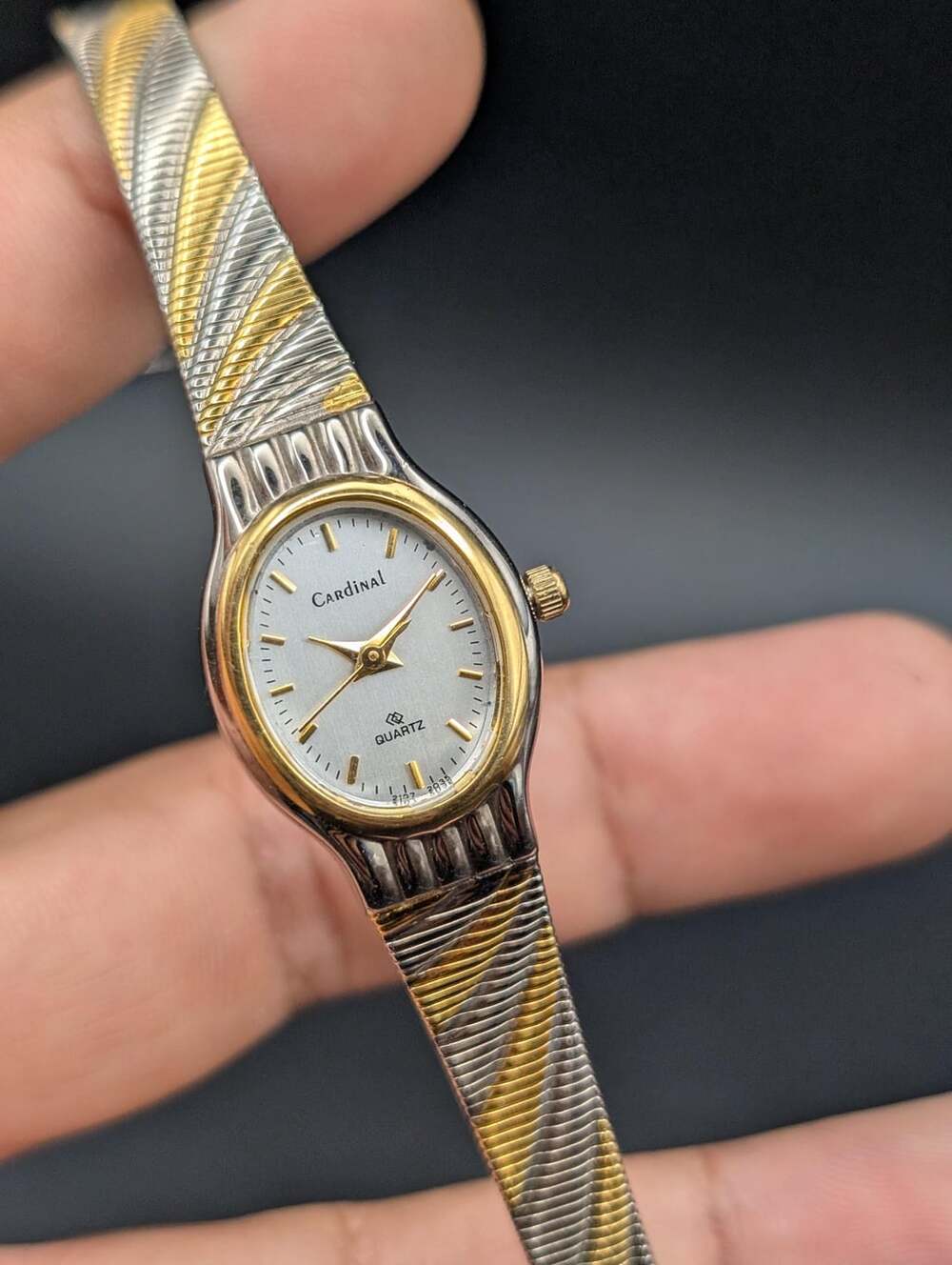 Vintage Cardinal Two-Tone Ladies Watch, Dainty Textured Spiral Mesh Bracelet